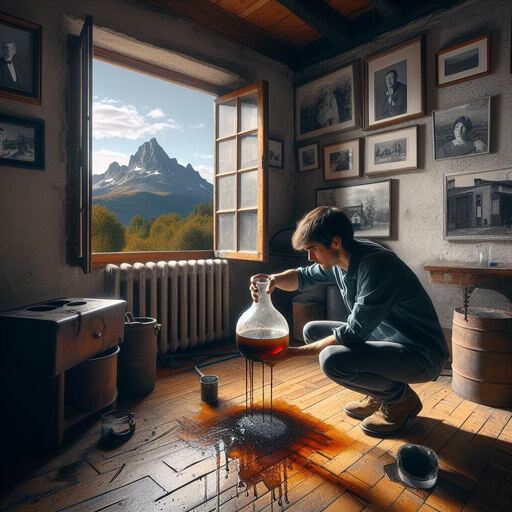 in a rural rustic old house, we see the pyrenees mountains by the window. a guy is holding a small leaking beaker with holes, the liquid is corrosive and makes holes in the parquet floor. the guy tries to plug the holes in the beaker with his fingers. different black and white family pictures are on the wall. There is a single small colourful abstract painting frame on the wall too.