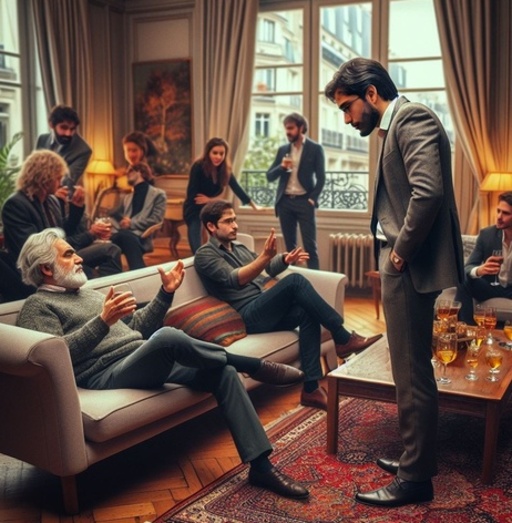 Alireza Firouzja, standing, has heated discussion with a gray hear guy seated in a sofa at a cocktail party (other people are discussing and have drinks) standing in a cozy living room of a parisian flat with old parquet. At the foot of the sofa there is an indian rug with colourful patterns