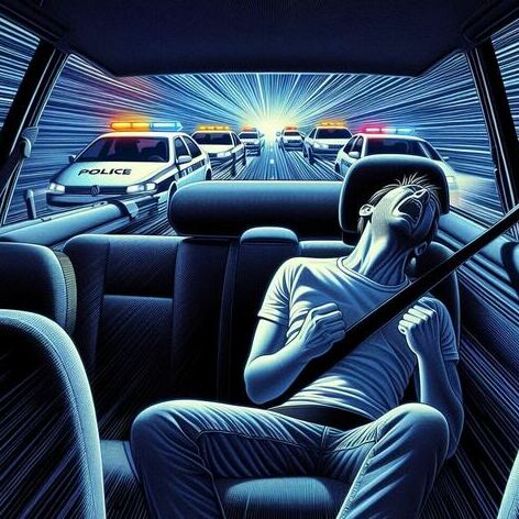 by night, inside a medium car like a Volkswagen Polo, passenger seat POV. I struggle to attach my seat belt. Car goes to maximum speed, is shaking. A police car overtakes us to stop us. in pop surrealism art style