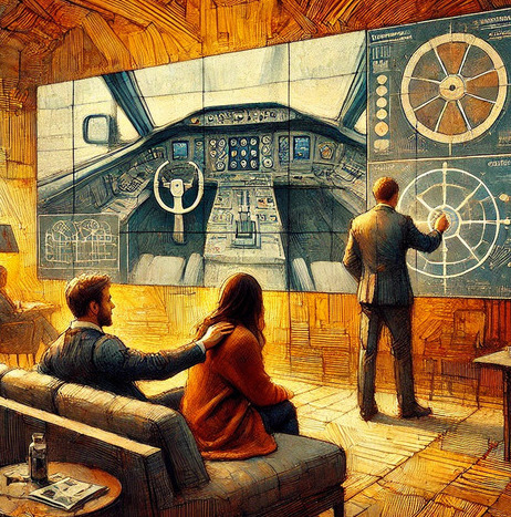 salle de réunion, des slides sont projetées sur écran avec un homme qui les présente. une femme brune est assise dans un canapé, un garçon est assis à coté et lui gratte le dos. Impressionist style