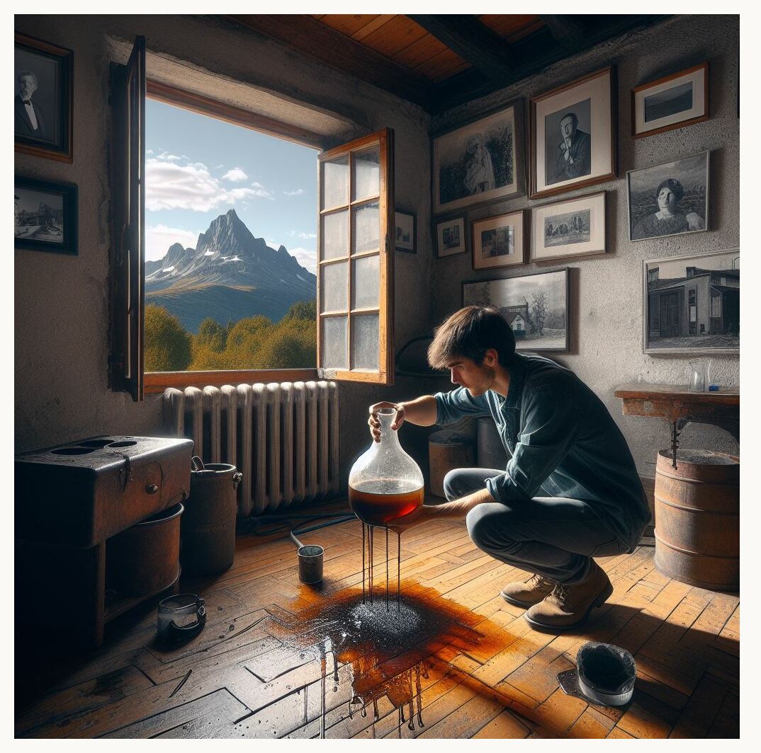 in a rural rustic old house, we see the pyrenees mountains by the window. a guy is holding a small leaking beaker with holes, the liquid is corrosive and makes holes in the parquet floor. the guy tries to plug the holes in the beaker with his fingers. different black and white family pictures are on the wall. There is a single small colourful abstract painting frame on the wall too.