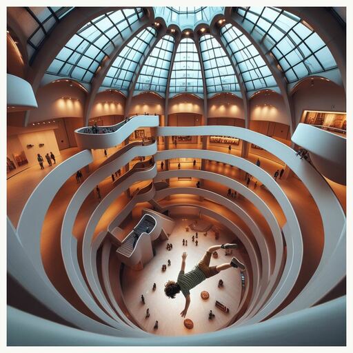 Inside a building similar to Guggenheim museum in NY, dome with high ceiling, a kid fell from the first floor