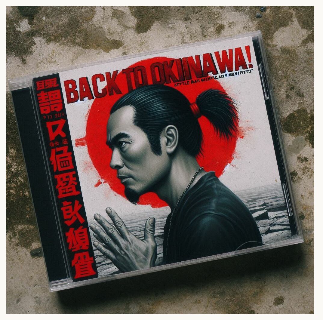 on a dirty cement ground lies a CD cover with colors mainly red and gray/white/black with a profile picture of a 40 years old asiatic male singer with a ponytail on the left with title 'Back to Okinawa!' on the right written in a bold face, like a revolutionary manifest. Style realist