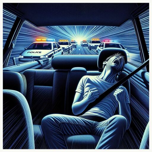 by night, inside a medium car like a Volkswagen Polo, passenger seat POV. I struggle to attach my seat belt. Car goes to maximum speed, is shaking. A police car overtakes us to stop us. in pop surrealism art style