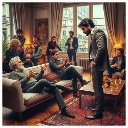 Alireza Firouzja, standing, has heated discussion with a gray hear guy seated in a sofa at a cocktail party (other people are discussing and have drinks) standing in a cozy living room of a parisian flat with old parquet. At the foot of the sofa there is an indian rug with colourful patterns